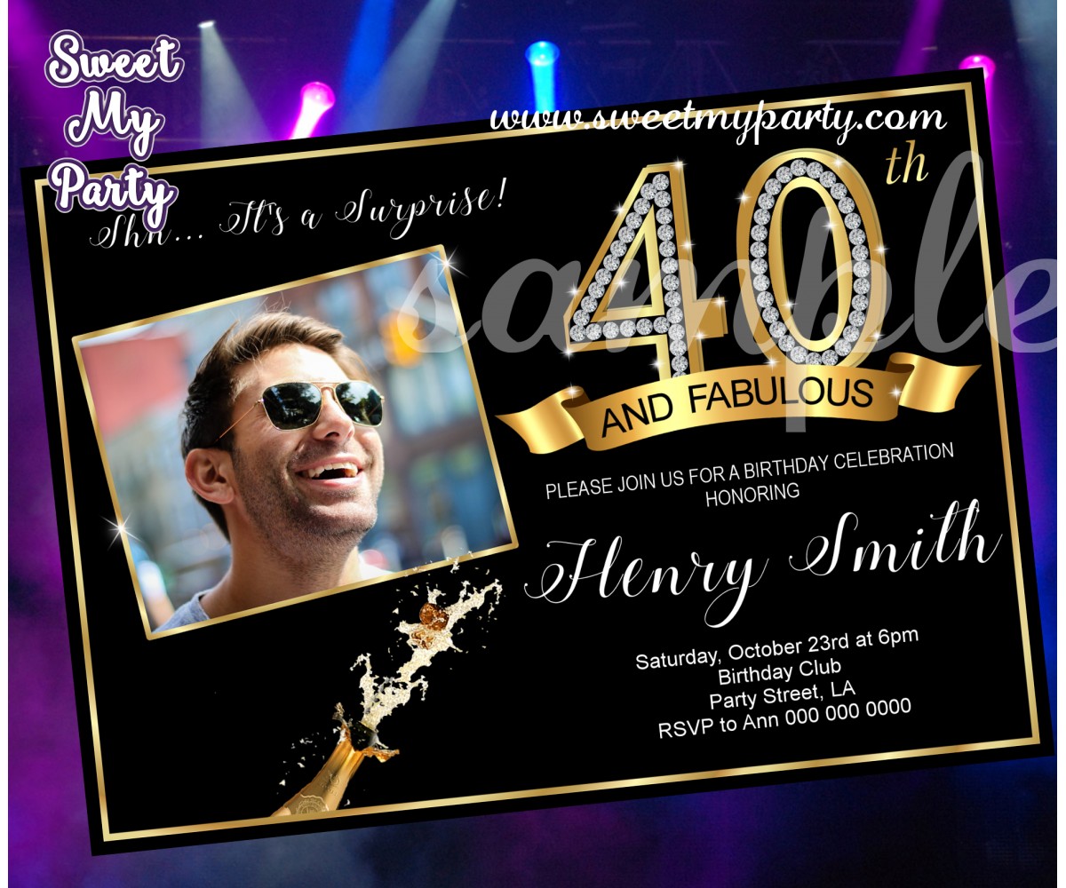 40th and Fabulous Birthday Party Invitation with photo,Gold Diamonds 40th Birthday Bash Invitation,(14ab)